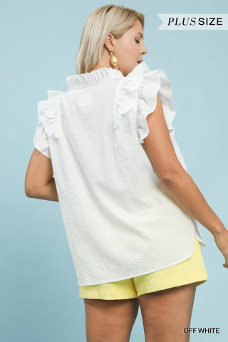 Off White Textured Ruffle Sleeve V-Neck Blouse - 2XL
