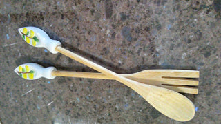 13" Hand Carved Wooden Salad Fork/Spoon Serving  Lemon