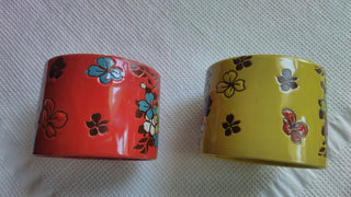 Set of 2 Tea Cups Bowls Kiln Fired Flowers Yellow Red Made in Japan