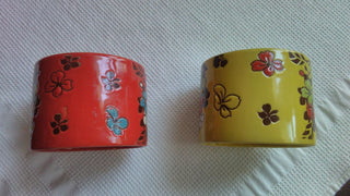 Set of 2 Tea Cups Bowls Kiln Fired Flowers Yellow Red Made in Japan