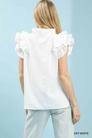 Off White Textured Ruffle Sleeve V-Neck Blouse - Large