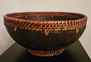 Vintage Handmade Wooden Bowl with Woven Rattan Rim