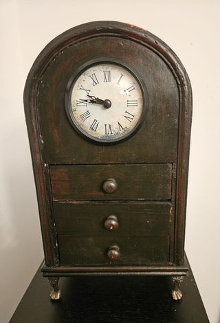 Vintage Clock in Wooden Case with 3 Lined Drawers & Hiding Spot in Back