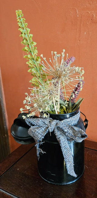 Small Black Milk Can with Flowers & Lid