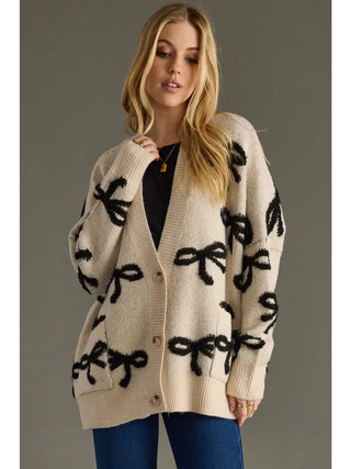 Cream Bow Cardigan – Women’s Knit Sweater with Black Bows - Large
