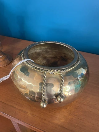 Vintage, hammered brass planter, rope detail