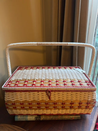 Vintage, wicker sewing basket with handle