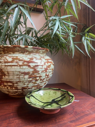 Vintage, Japanese inspired,green glazed pottery bowl