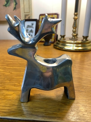4.75” Silver Metal Reindeer Candlestick Holder