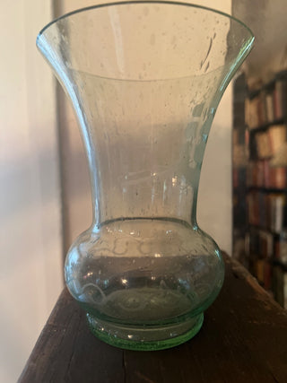 Antique English Hand Blown Bubble Green Glass Ship Nautical Vase 6” h x 4.5”w