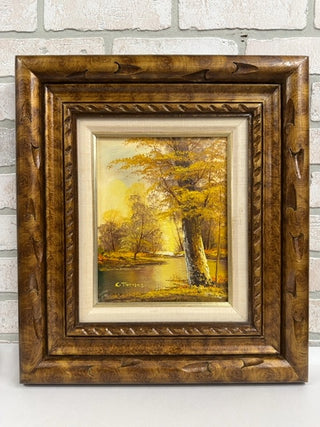 Vintage C Thomas oil painting of fall scenic -