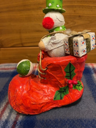 As Is paper mache boot w/snowman