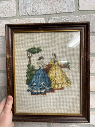 Two woman w/tree embroidery framed