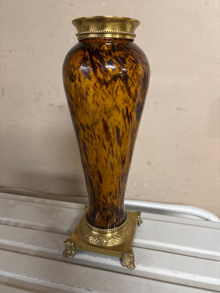 Bombay Co Vase 14.5" Tall Faux Tortoise Leopard Glass Amber Brass Pedestal Feet #367