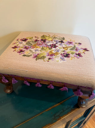 Embroidered Foot Stool with Pansies