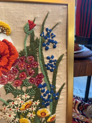 Vintage, Poppies and wildflowers crewel embroidered art.