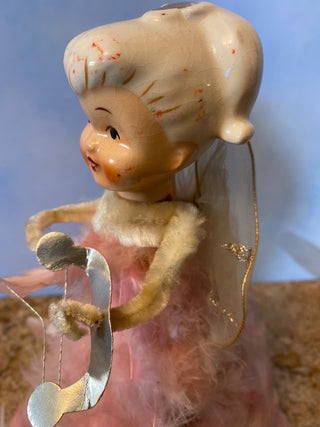 Rare pink Holt Howard Feather Angel w harp Tree Topper
