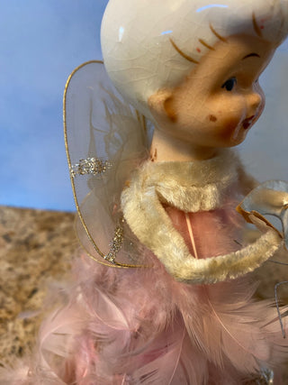 Rare pink Holt Howard Feather Angel w harp Tree Topper