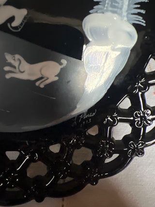 Vintage Winter Boy & Dog Westmoreland MARY GREGORY PLATE  Black Milk Glass Hand painted Signed 8.5”