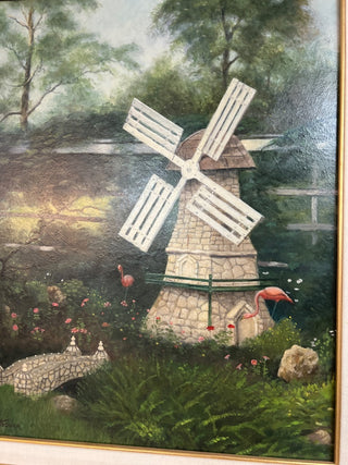 Vintage Windmill Oil Painting Signed