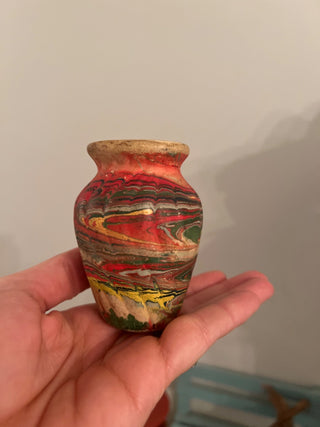 Vintage miniature Pottery Vase 3.5" Tall Native Red/Blue/TealSwirl