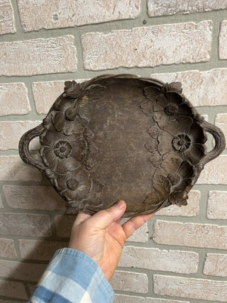 Carved floral wood dish w/handle