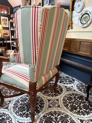 Wing Chair "Grandeur" Striped Satin Toille with Celadon Cream & Coral