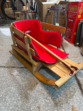 Vintage Wooden Sled With Steel Runners Red Accents & Wooden Handle