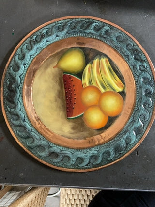 Vtg copper enamel watermelon painted plate