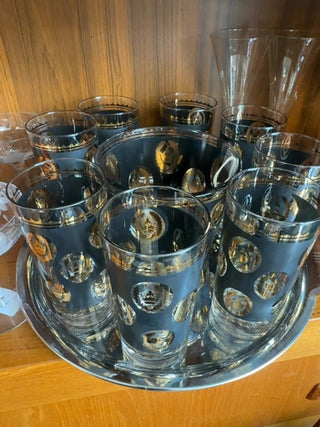 Vintage, Mcm set G.Reeves glass tumblers & ice bucket