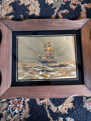 Golden Etched Vintage Ship Art