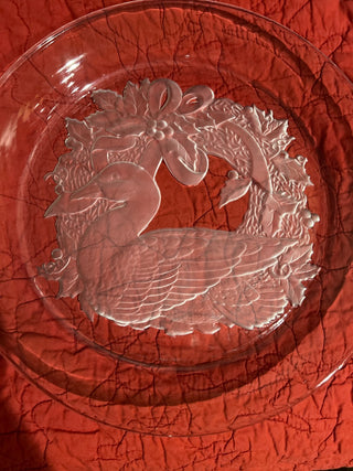Heavy Glass Serving Plate with Duck and Holly Design