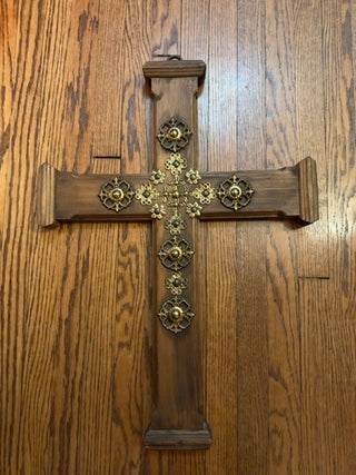 Vintage,wooden, oversized cross with decorative ornamental flower design