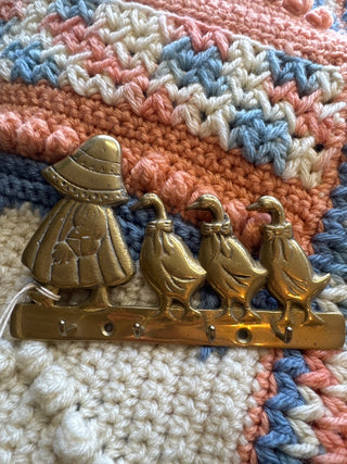 Vintage,brass girl and geese wall hook key holder