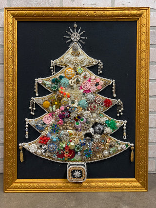 Vtg handmade jeweled Christmas tree framed