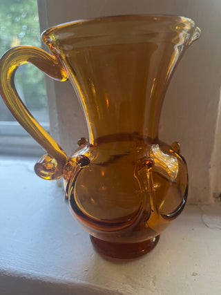 Vintage Amber Handblown Studio Glass Pitcher Vase 6”hx6”w