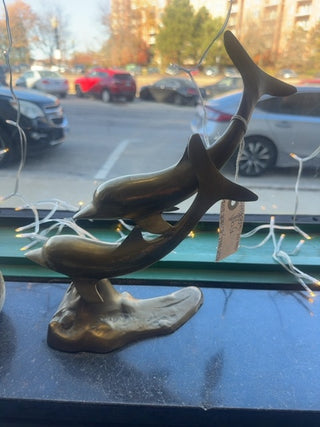 Vintage, Mcm solid brass swimming pair of dolphins statue