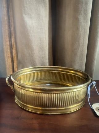 Vintage, oval, ribbed,brass planter with handles
