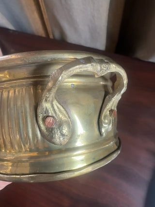 Vintage, oval, ribbed,brass planter with handles