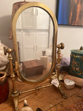 Roughly 1940’s Vintage Freestanding Mirror Gold Metal Oval