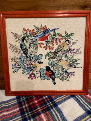 Embroidery bird wreath, framed