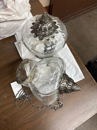Moroccan-style glass and metal hanging candle lantern #372