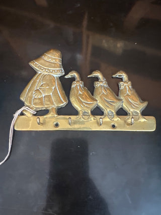 Vintage,brass girl and geese wall hook key holder