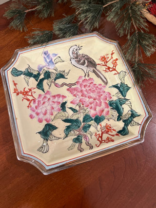 Porcelain Square Dish with Bird Floral Motif