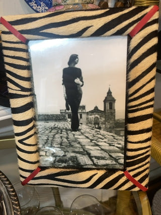 Zebra cowhide frame with model