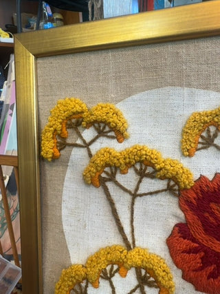 Vintage, Poppies and wildflowers crewel embroidered art.