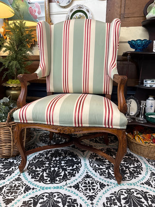 Wing Chair "Grandeur" Striped Satin Toille with Celadon Cream & Coral