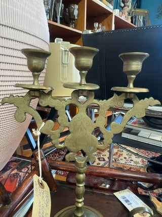 Vintage, solid brass candelabra with carved detail design