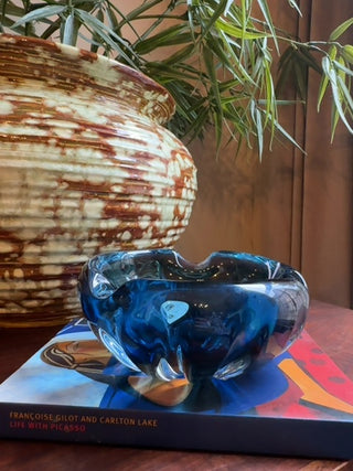 Mcm,Murano glass hand blown thick glass blue Art ashtray
