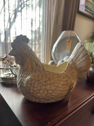 Vintage, spackled ceramic chicken planter pot